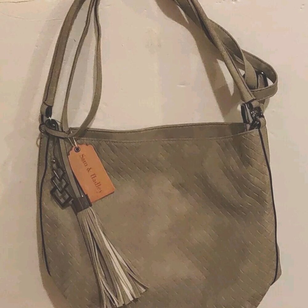 Sam & Hadley Gray Faux Leather Hobo Bag Gray And White Tassel Accent Large Size